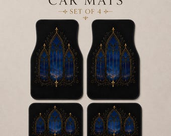Gothic Cathedral Car Mats Set, Dark Academia Auto Accessories, Midnight Blue Interior Decor
