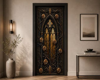 Gothic Cathedral Door Cover, Sound Absorbing Panel, Black Gold Rose Window Mural