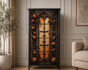 Gothic Rose Cabinet – Vintage Cathedral Storage Unit, Dark Aesthetic Furniture, Black Arch Drawers, Gothic Home Decor, Dark Academia