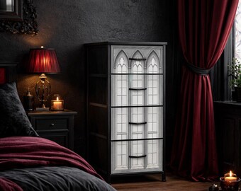 Light Gothic Window Dresser, Cathedral Style Storage Unit, Soft Gothic Bedroom Decor, Neutral Dark Academia Decor, Minimal Gothic Style