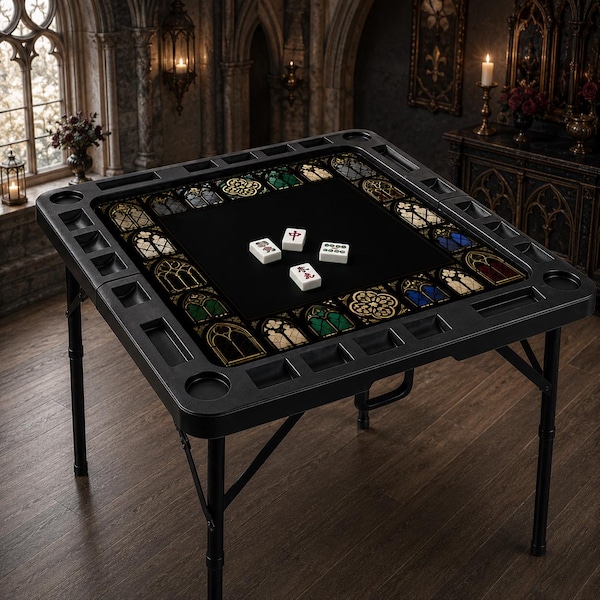 Black Foldable Mahjong Table with Gothic Stained Glass Design, Portable Mahjong Game Table, Folding Card Table, Mahjong Gift, Game Decor