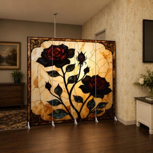 May include: A room divider featuring a stained glass design with large red roses and black leaves. The roses are set against a cream and brown background, framed by a decorative border. The divider is made of multiple panels.