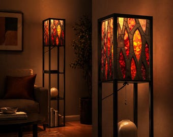 Gothic Flame Floor Lamp with Shelves, Dark Stained Glass Lighting, Black Shelf Lamp, Dark Academia Decor, Vampire Aesthetic Lighting