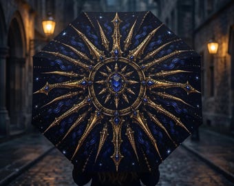 Gothic Celestial Umbrella, Midnight Blue Umbrella, Dark Academia Rain Umbrella, Ornamental Gothic Parasol, Witchy Gift for Her