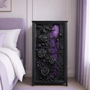 May include: Black dresser with four drawers, featuring a carved rose design. The roses and vines are set against a textured background with a purple interior. The dresser is in a bedroom setting with a purple bed and curtains.