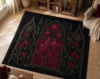 Gothic Rose Window Area Rug 3:2, Dark Cathedral Carpet, Black & Crimson Gothic Floor Rug, Romantic Gothic Home Decor