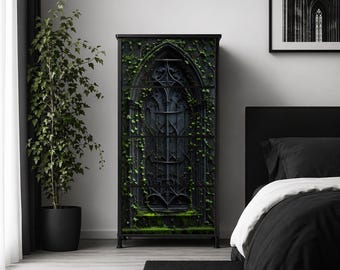 Gothic Ivy Cabinet – Cathedral Storage Unit, Dark Aesthetic Furniture, Gothic Home Decor, Black Arch Drawers, Dark Academia Interior
