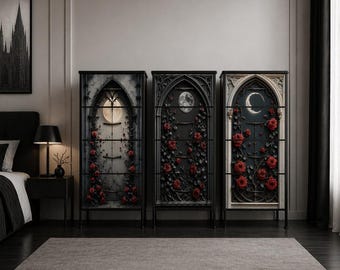 Gothic Cabinet Set of 3 – Cathedral Storage Units, Dark Aesthetic Furniture, Gothic Home Decor, Black Arch Drawers, Dark Academia Interior