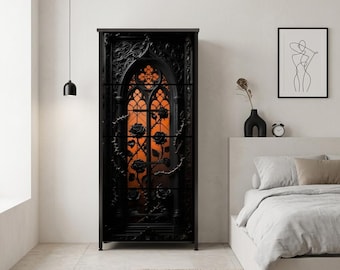 Gothic Amber Cathedral 4 Drawer Storage Unit, Orange Glow Organizer, Halloween Decor, Dark Academia Storage, Alternative Bedroom Chest