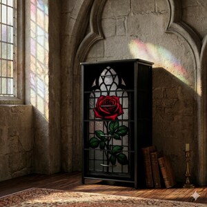 Gothic 4 Drawer Dresser Stained Glass Rose, Dark Floral Bedroom Furniture, Black Gothic Storage Cabinet, Made in USA Home Decor