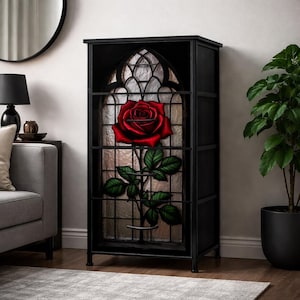 Gothic 4 Drawer Dresser Stained Glass Rose, Dark Floral Bedroom Furniture, Black Gothic Storage Cabinet, Made in USA Home Decor