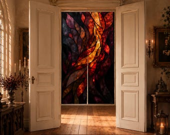 Gothic Stained Glass Door Curtain, Dark Academia Room Divider, Burgundy Flame Design