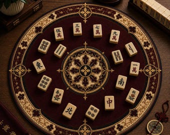 Victorian Gothic Round Mahjong Mat, Burgundy & Antique Gold Mahjong Table Mat, Cathedral Rose Window Design, 33x33 Folded, Gothic Home Decor