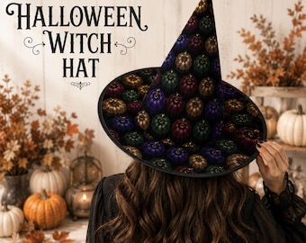 Halloween Decoration, Pumpkin Print Witch Hat, Gothic Halloween Costume Accessory, Halloween Decor, Halloween Witch Decor