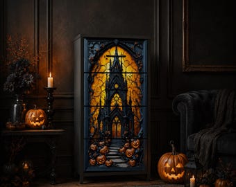 Halloween Gothic Cathedral Storage Cabinet, Gothic Halloween Furniture, Pumpkin Cathedral Decor, Dark Academia Chest of Drawers