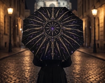 Amethyst Gothic Umbrella, Celestial Moon and Stars Umbrella, Dark Academia Rain Umbrella, Purple and Gold Gothic Parasol