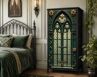 Gothic Emerald Cathedral 4 Drawer Storage Unit, Green Gold Organizer, Dark Academia Decor, Elegant Gothic Storage, Alternative Bedroom Chest