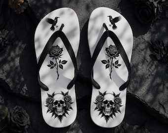Gothic Flip Flops Skull Rose Design, Black White Summer Sandals, Alternative Beach Footwear, Gothic Aesthetic Shoes