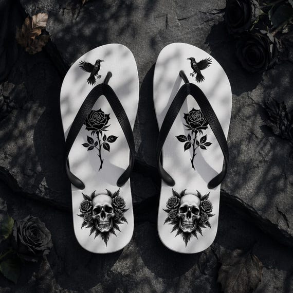 Gothic Flip Flops Skull Rose Design, Black White Summer Sandals, Alternative Beach Footwear, Gothic Aesthetic Shoes