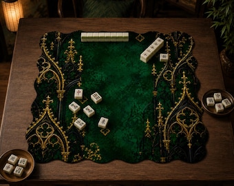 Gothic Emerald Scallop Mahjong Mat, Dark Academia Mahjong Mat, Green & Gold Mahjong Accessories, Gift for Mahjong Player