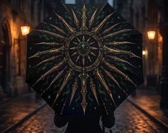 Emerald Gothic Umbrella, Celestial Moon and Stars Umbrella, Dark Academia Rain Umbrella, Green and Gold Gothic Parasol