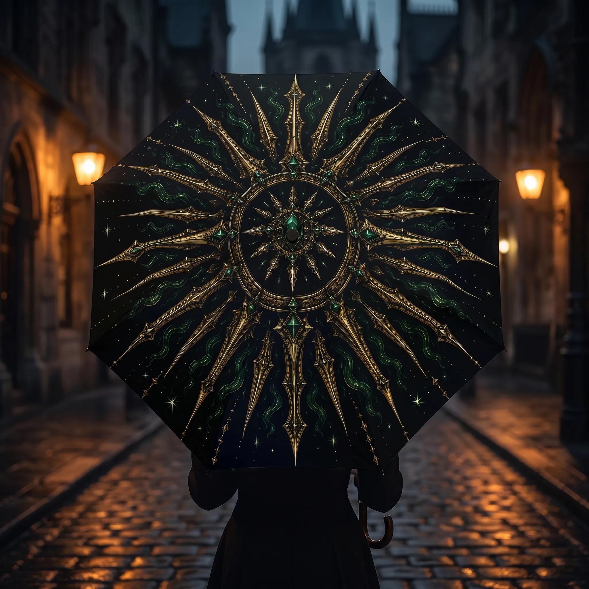 Emerald Gothic Umbrella, Celestial Moon and Stars Umbrella, Dark…