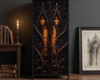 Gothic Cathedral Accent Cabinet, Navy & Gold Decorative Storage Cabinet, Dark Academia Furniture, Medieval Gothic Home Decor