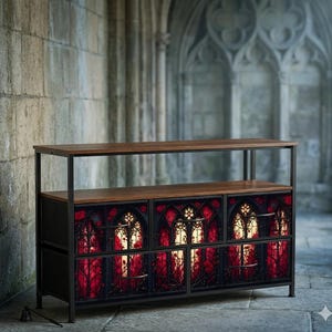 May include: A dark wood and metal cabinet with a top shelf. The cabinet doors feature a stained glass design with red and yellow hues. The cabinet has a black metal frame and handles.