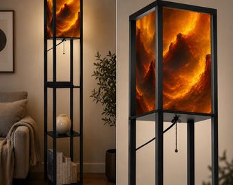Volcanic Fire Floor Lamp with Shelves, Dark Ambient Lighting
