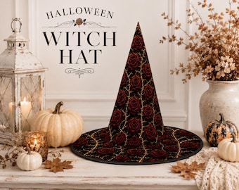 Halloween Decoration, Hallloween Witch Hat, Witchy Home Decor, Black and Burgundy Halloween Decor, Gothic Halloween Hat