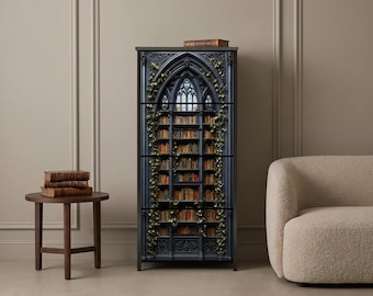 Gothic Library Cabinet | Dark Academia Storage Cabinet with Cathedral Bookshelf Design | Decorative Book Lover Furniture | Gothic Home Decor