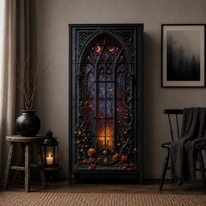 May include: A tall, rectangular cabinet featuring a dark, gothic-style arched window design. The front panel displays an intricate scene of twisted vines, small orange pumpkins, and a glowing purple and orange interior light effect.
