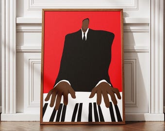 May include: A framed art print featuring a stylized illustration of a person playing a piano. The figure is depicted in a black suit against a red background. The piano keys are black and white, and the hands are brown.