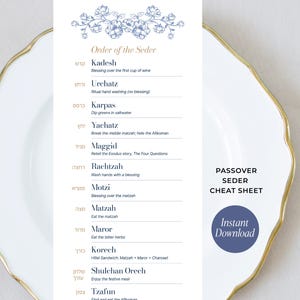 Passover Floral Seder Guide Printable, Pesach Cheat Sheet, Floral Order of the Seder Guide, Haggadah Insert Card, Jewish Holiday Table Decor