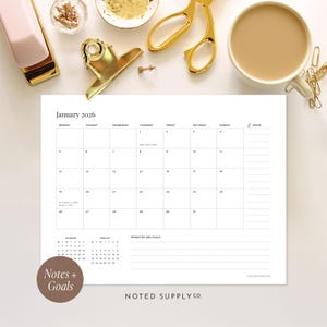 2026 Calendar Printable Monthly Notes and Goals Layout Letter A4 Monday Sunday Start US Holidays Priorities Tracker Minimalist PDF