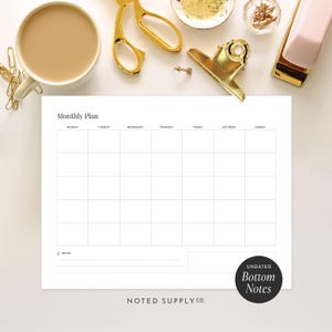 Planificador mensual imprimible sin fecha, formato horizontal, notas inferiores, agenda minimalista para estudiantes, tamaño carta, A4, PDF
