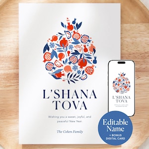 Könnte beinhalten: Eine weiße Grußkarte mit einer Granatapfel-Illustration aus roten und blauen Früchten und Blättern. Der Text lautet L'SHANA TOVA, Wishing you a sweet, joyful, and peaceful New Year, und The Cohen Family. Ein Smartphone zeigt das gleiche Design.