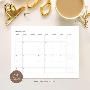 2026 Calendar Printable Monthly Calendar Side Notes Section Letter A4 Monday Sunday Start US Holidays Checklist Planner Page Minimalist PDF