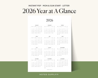 2026 Year Calendar Planner Printable Annual Yearly Calendar 2026 Year at a Glance Yearly Calendar for Binder, Instant PDF Download