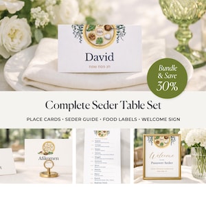 Paquete imprimible para el Seder de Pésaj, decoración de mesa para Pésaj, tarjetas de lugar, etiquetas para la comida, cartel de bienvenida, guía del Seder.