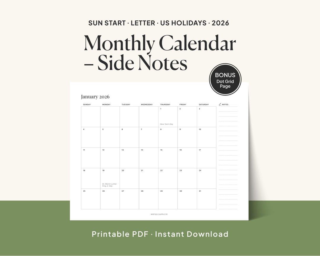 2026 Printable Monthly Calendar PDF, Minimalist Letter Size, Sunday ...