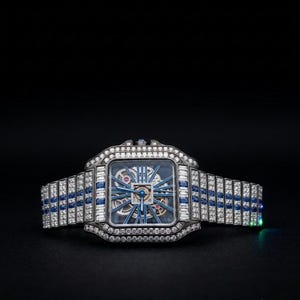 May include: A square-cased wristwatch featuring a skeletonized dial with blue hands and accents. The bezel and bracelet are encrusted with clear baguette-cut stones and rows of blue stones, creating a highly detailed and ornate metallic timepiece.