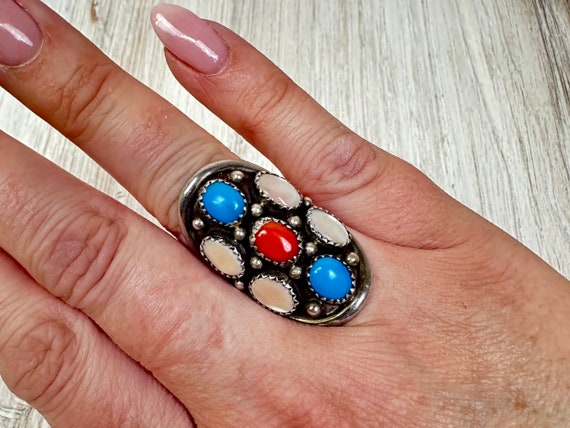 Navajo Turquoise Coral & Mussel Shell Saddle Ring… - image 6