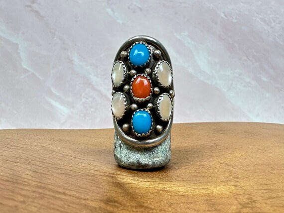 Navajo Turquoise Coral & Mussel Shell Saddle Ring… - image 1