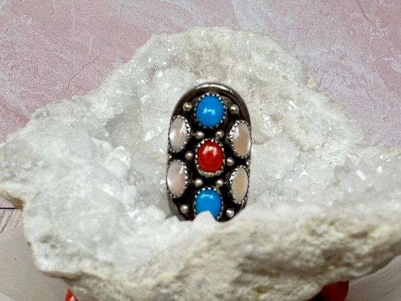 Navajo Turquoise Coral & Mussel Shell Saddle Ring… - image 2