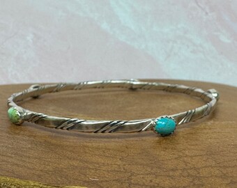 Vintage Navajo Sterling Silver Turquoise Bangle Bracelet 9"