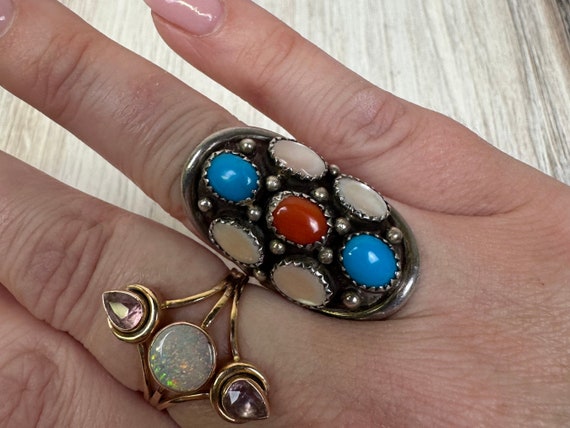 Navajo Turquoise Coral & Mussel Shell Saddle Ring… - image 3