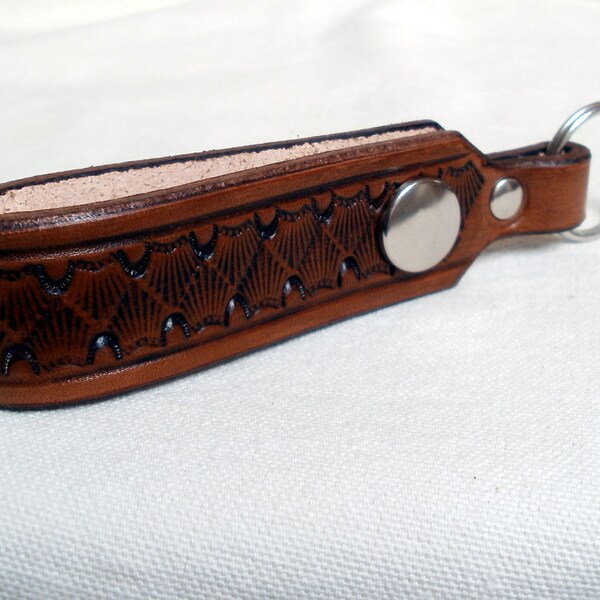 Leather keychain, leather key fob, belt loop with snap, detachable, tan, brown, tooled keychain