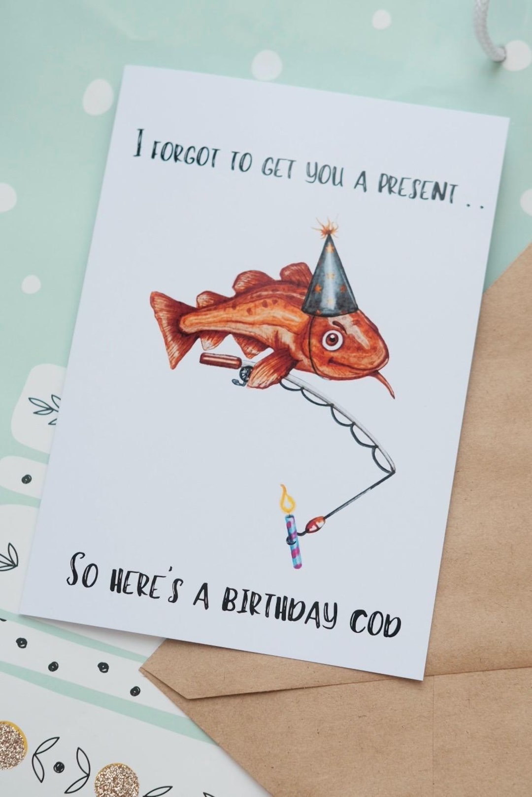 Funny Fish Birthday Card | Hand-drawn Watercolor Cod Pun Greeting 5x7 ...