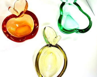Charming! Vintage MCM (circa 1970) Vannes Le Chatel France Art Glass Fruit Trinket/Candy Dishes, Set of 3: Peach, Pear, Lemon